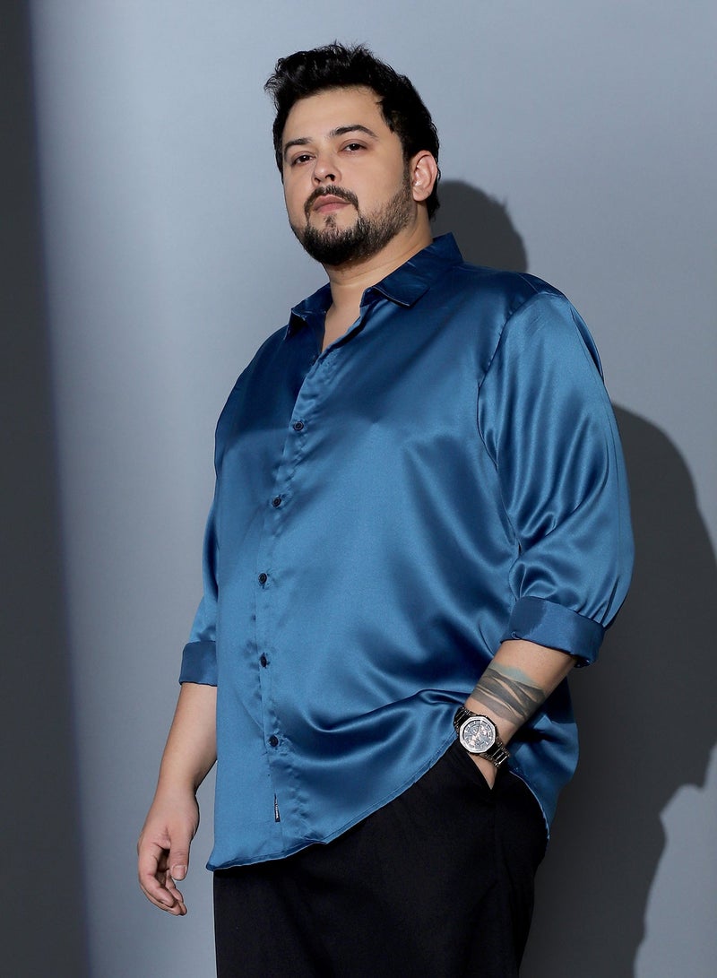 Instafab Plus Men Solid-Satin Regular Shirt | Spread Collar , Long Cuffed Sleeves | Button Closure , Curved Hem | Solid Plain Material | Woven Fabric For Party & Evening Wear | Berry Blue - Image 3