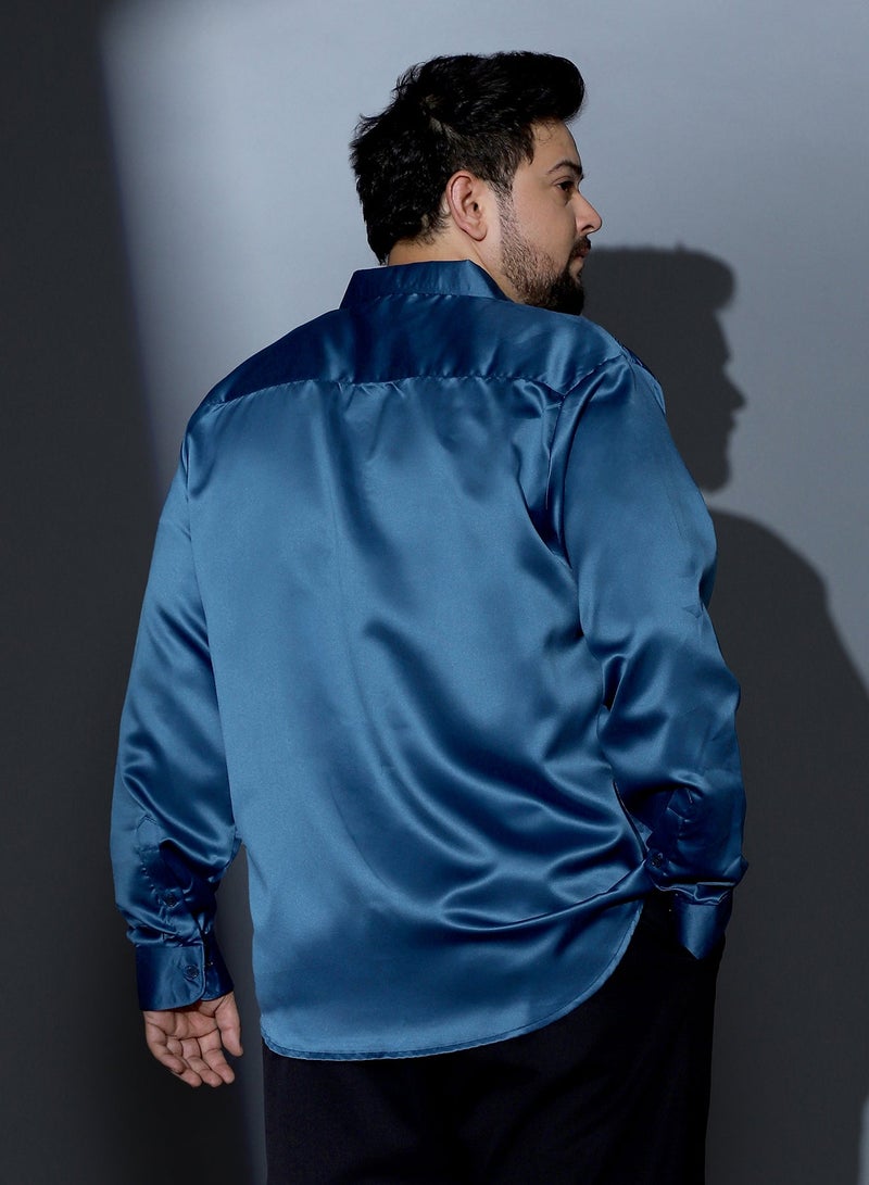 Instafab Plus Men Solid-Satin Regular Shirt | Spread Collar , Long Cuffed Sleeves | Button Closure , Curved Hem | Solid Plain Material | Woven Fabric For Party & Evening Wear | Berry Blue - Image 5