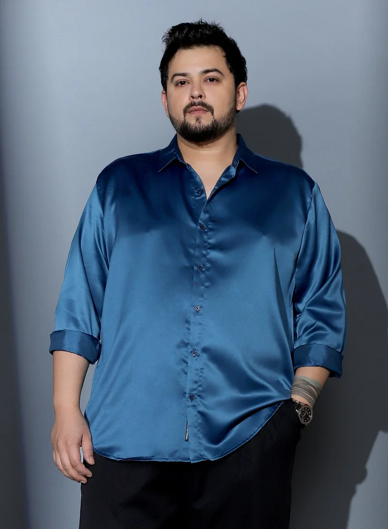 Instafab Plus Instafab Plus Men Solid-Satin Regular Shirt | Spread Collar , Long Cuffed Sleeves | Button Closure , Curved Hem | Solid Plain Material | Woven Fabric For Party & Evening Wear | Berry Blue