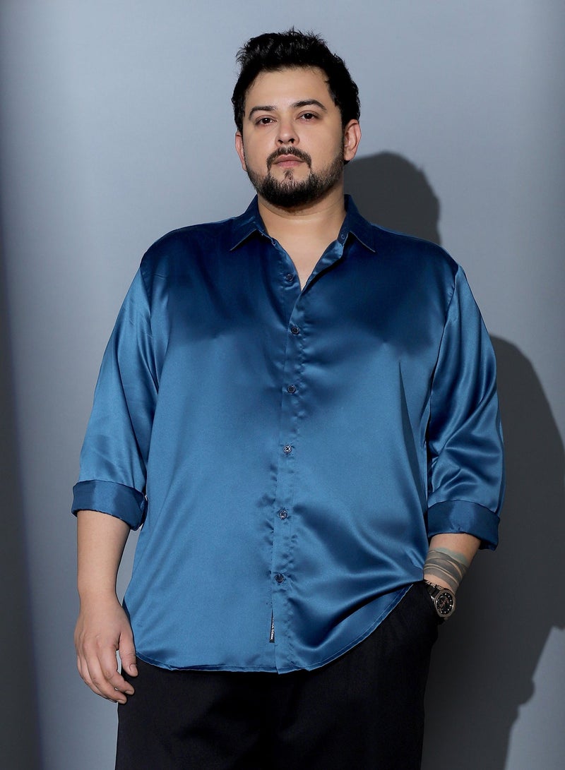 Instafab Plus Men Solid-Satin Regular Shirt | Spread Collar , Long Cuffed Sleeves | Button Closure , Curved Hem | Solid Plain Material | Woven Fabric For Party & Evening Wear | Berry Blue - Image 1