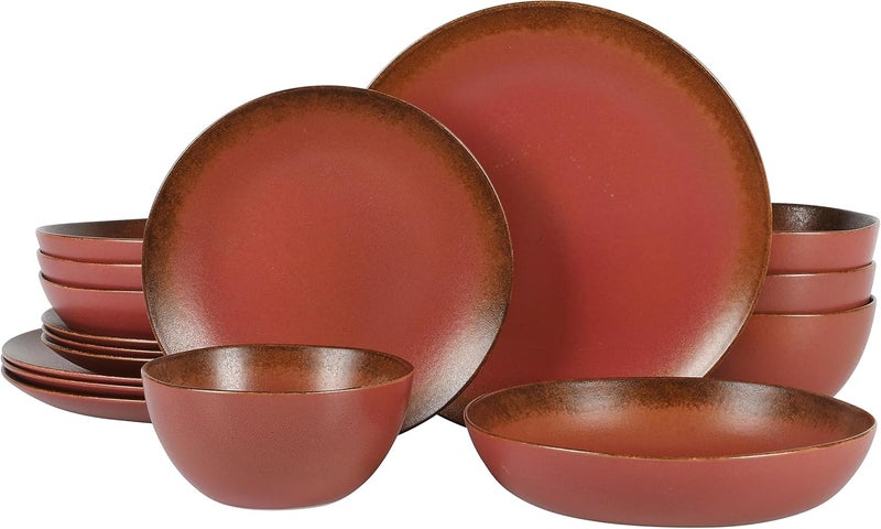 Bloomhouse Oprahs Favorite Things  Palermo Sun Double Bowl Stoneware Reactive Glaze Plates and Bowls Dinnerware Set  Paprika Red Service for Four 16pcs - Image 1