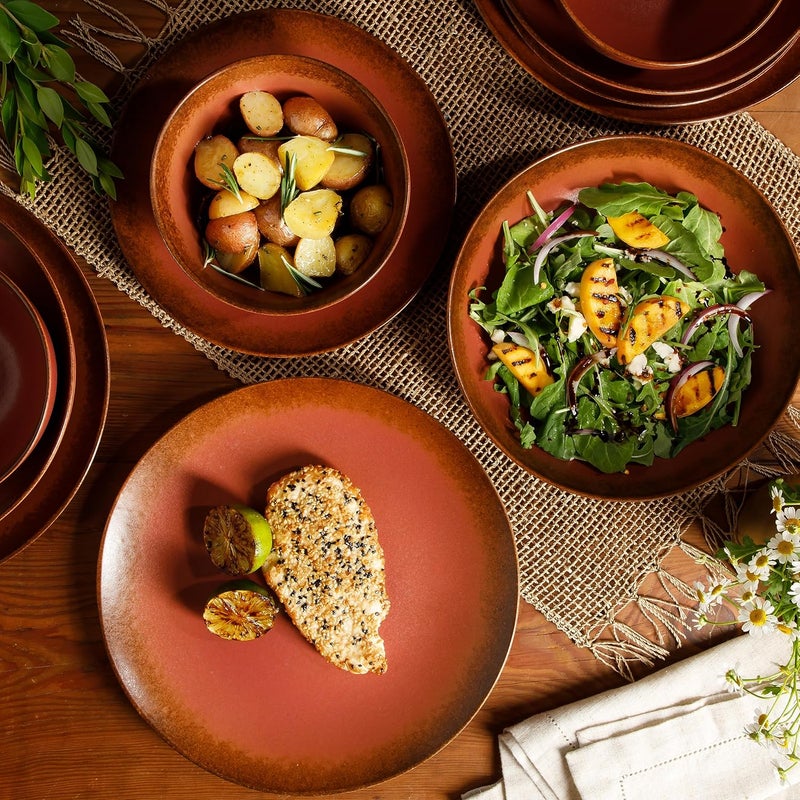 Bloomhouse Oprahs Favorite Things  Palermo Sun Double Bowl Stoneware Reactive Glaze Plates and Bowls Dinnerware Set  Paprika Red Service for Four 16pcs - Image 4