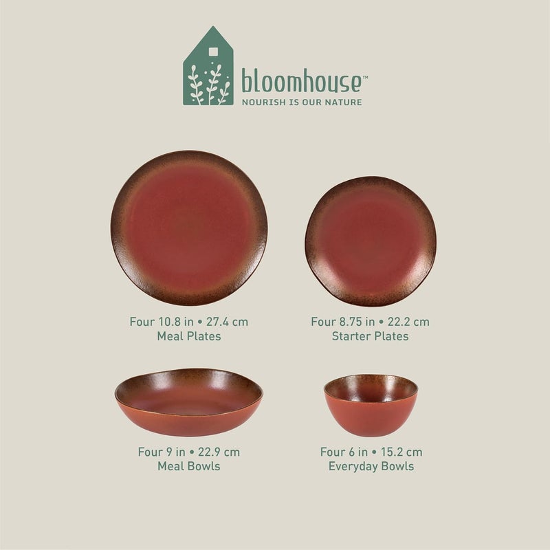 Bloomhouse Oprahs Favorite Things  Palermo Sun Double Bowl Stoneware Reactive Glaze Plates and Bowls Dinnerware Set  Paprika Red Service for Four 16pcs - Image 3