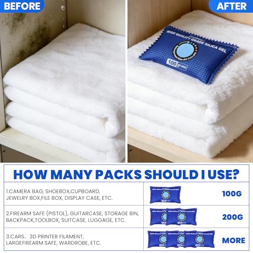 FURWEY 2 Pack Rechargeable Desiccant Packs, 100g Each, Blue, Color Indicating Silica Gel Dehumidifier Bags for Storage, Closets, Cars, Bins - Image 4