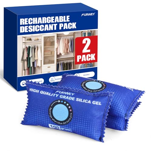 FURWEY 2 Pack Rechargeable Desiccant Packs, 100g Each, Blue, Color Indicating Silica Gel Dehumidifier Bags for Storage, Closets, Cars, Bins - Image 1