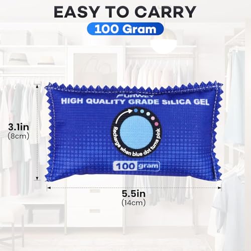 FURWEY 2 Pack Rechargeable Desiccant Packs, 100g Each, Blue, Color Indicating Silica Gel Dehumidifier Bags for Storage, Closets, Cars, Bins - Image 2
