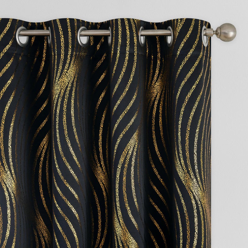 Xwincel Xwincel 100% Blackout Curtains for Bedroom  Black Gold Wave Line Dot Patterned Curtains 96 Inches Long  Metallic Gold Drapes Living Room Darkening Thermal Insulated Grommet Window Curtains 2 Panels - Image 1
