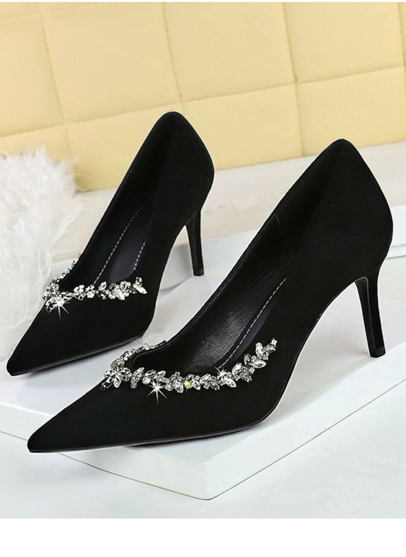 BIGTREE Women's Elegant Closed Pointed Toe High Heels Rhinestone Decoration  Stiletto Pumps Black 7CM 