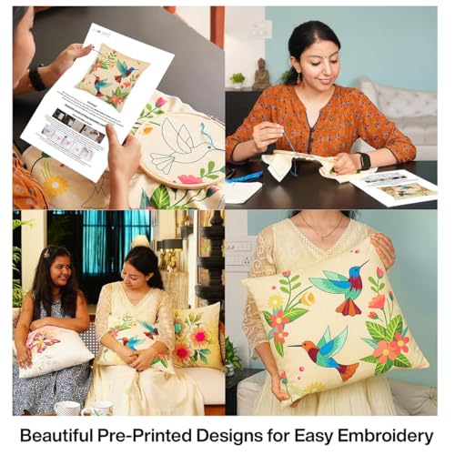 picknMAKE Beginners for Set Kit Embroidery Hand Cover Cushion DIY 2 of Pack – Covers Pillow/Cushion Handmade Bliss Hummingbird | Decor Home | 16"x16" | Pattern Printed Digitally | Included Materials All - Image 3