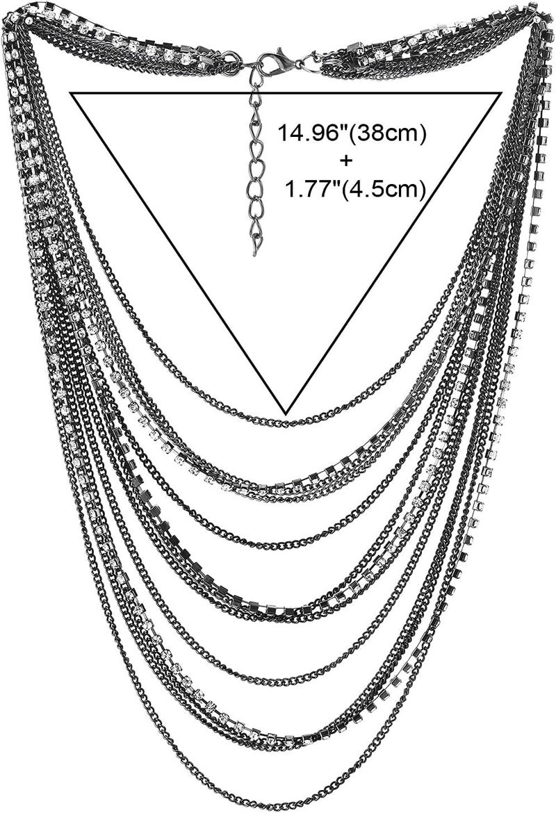 COOLSTEELANDBEYOND Waterfall Multi-Strand Chains Statement Collar Necklace with Rhinestones Chains, Dress - Image 3
