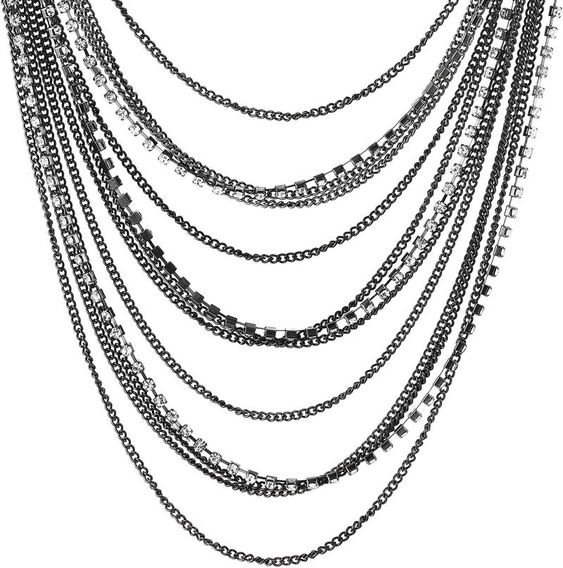 COOLSTEELANDBEYOND Waterfall Multi-Strand Chains Statement Collar Necklace with Rhinestones Chains, Dress - Image 2