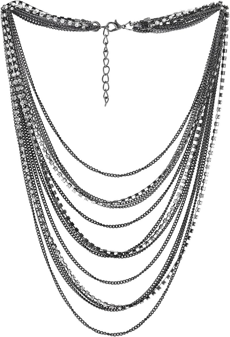 COOLSTEELANDBEYOND Waterfall Multi-Strand Chains Statement Collar Necklace with Rhinestones Chains, Dress - Image 1