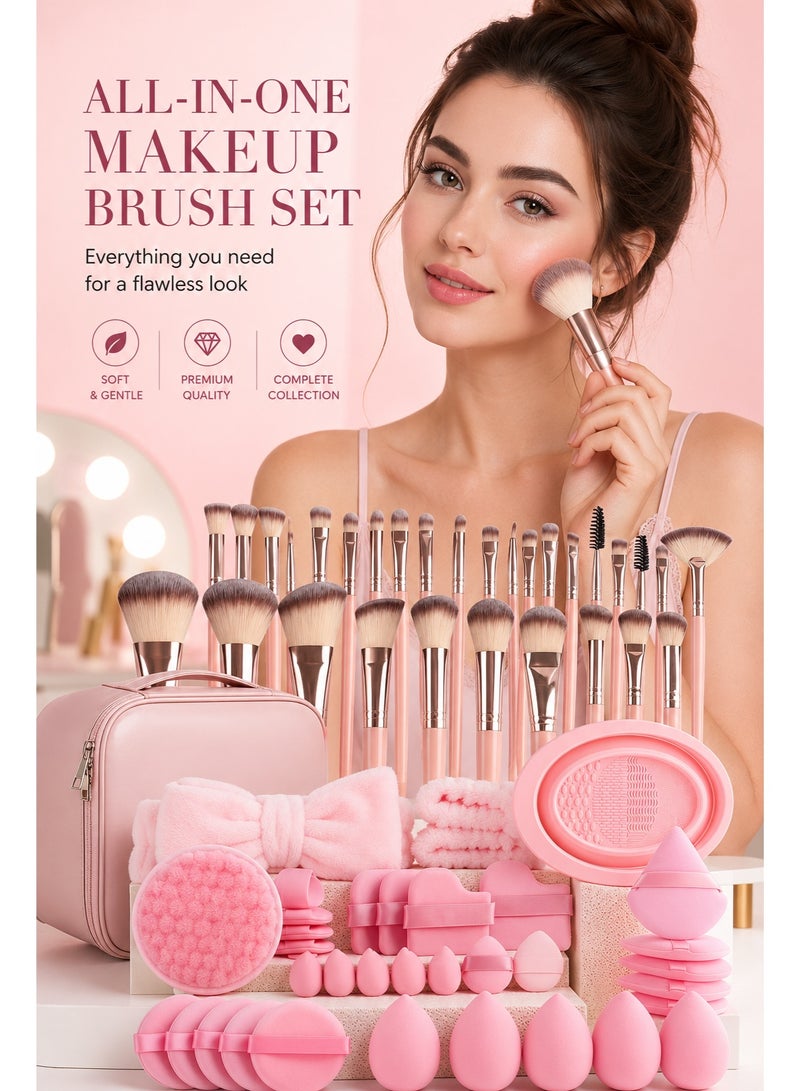 Shein 67-Piece Professional Makeup Brush Set with Travel Case – Soft Makeup Brushes, Beauty Blenders, Powder Puffs, Headband & Brush Cleaning Pad – Complete Beauty Kit - Image 2