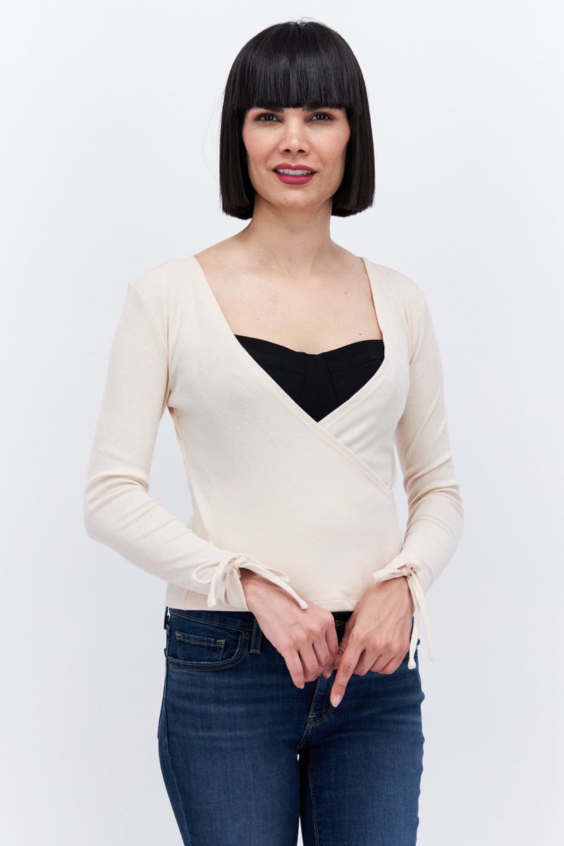 1 State Women Surplice Neck Long Sleeve Knitted Top, Beige - Image 1