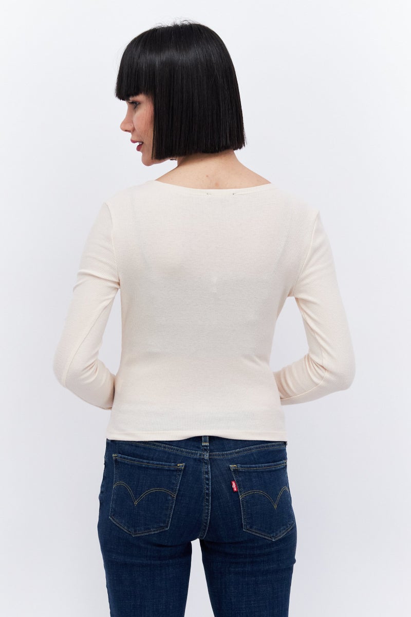1 State Women Surplice Neck Long Sleeve Knitted Top, Beige - Image 3