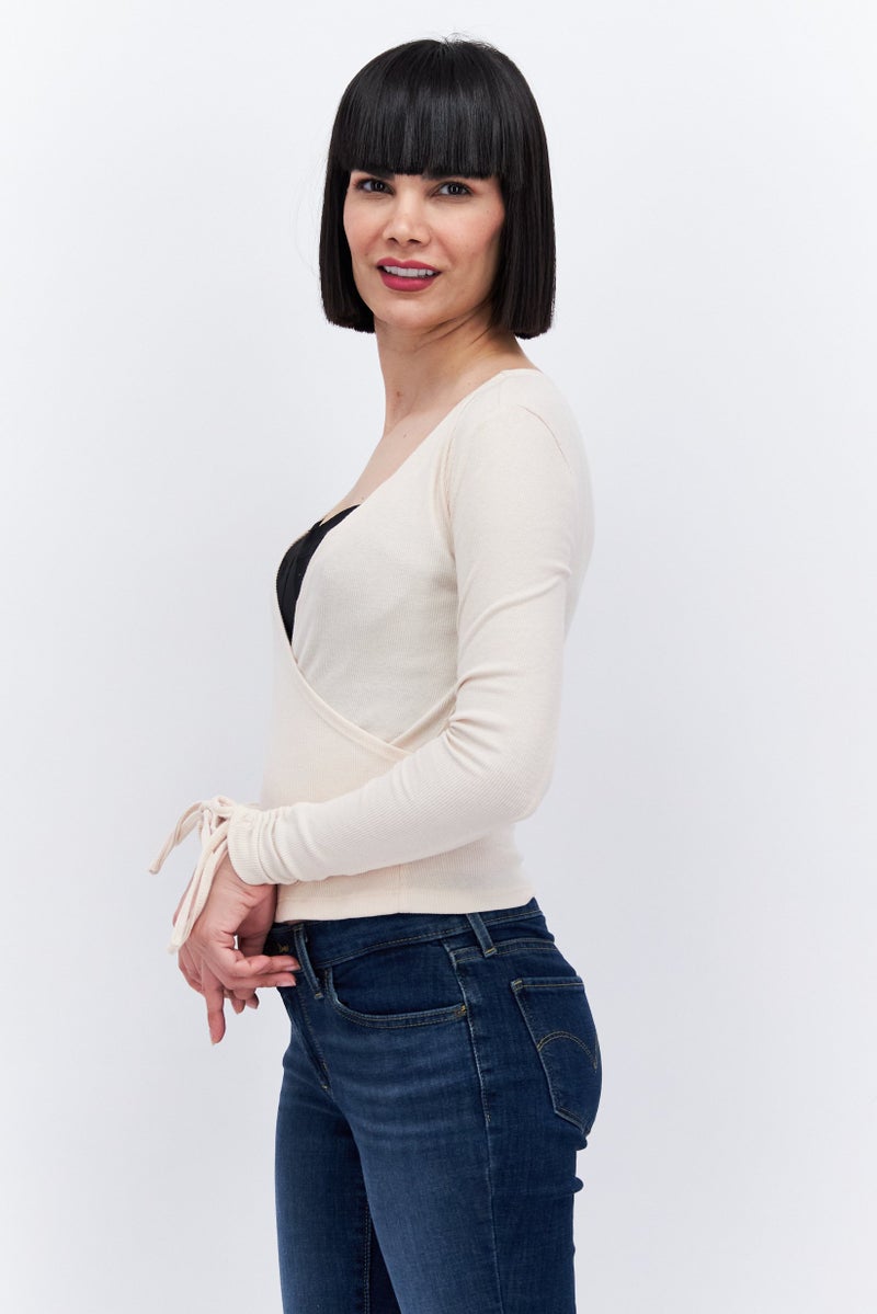 1 State Women Surplice Neck Long Sleeve Knitted Top, Beige - Image 4
