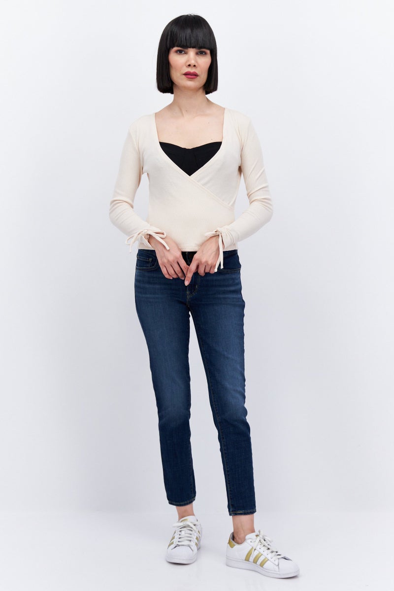 1 State Women Surplice Neck Long Sleeve Knitted Top, Beige - Image 2