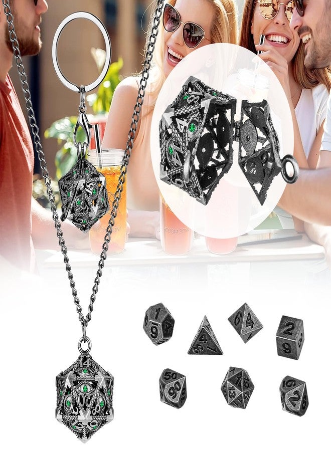 Keller & Weber Mini DND Dice Set with Hollow D20 Metal Case Portable Keychain Necklace, Tiny 7pcs Polyhedral D&D Dice Set, DND Gifts with Gift Box, D&D Accessories for RPG（Green Diamond, Silver） - Image 3