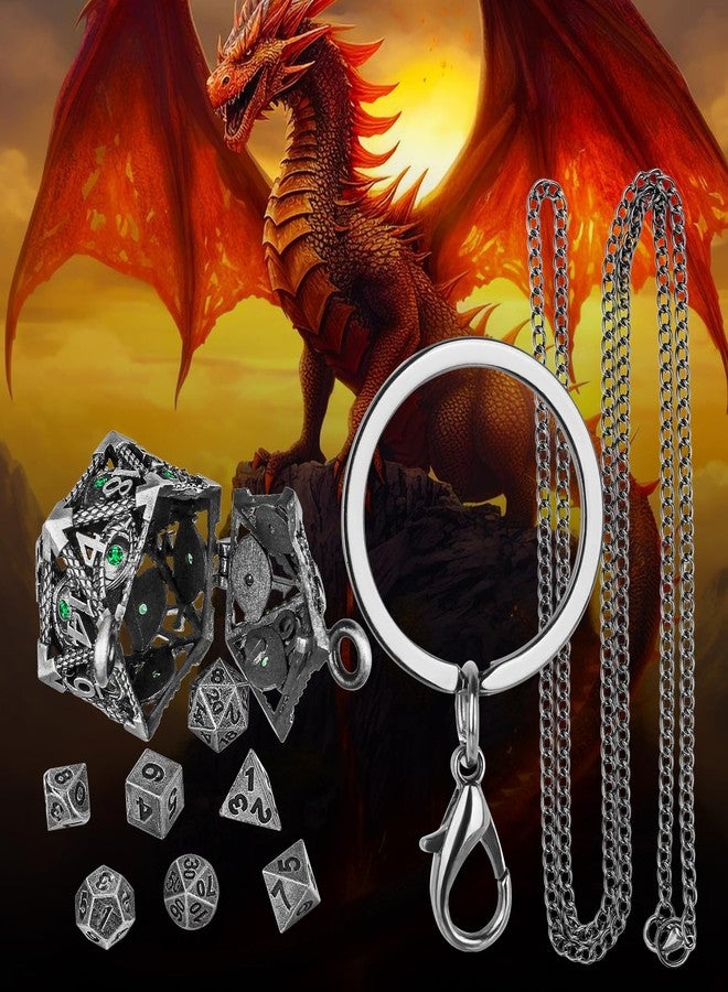 Keller & Weber Mini DND Dice Set with Hollow D20 Metal Case Portable Keychain Necklace, Tiny 7pcs Polyhedral D&D Dice Set, DND Gifts with Gift Box, D&D Accessories for RPG（Green Diamond, Silver） - Image 4