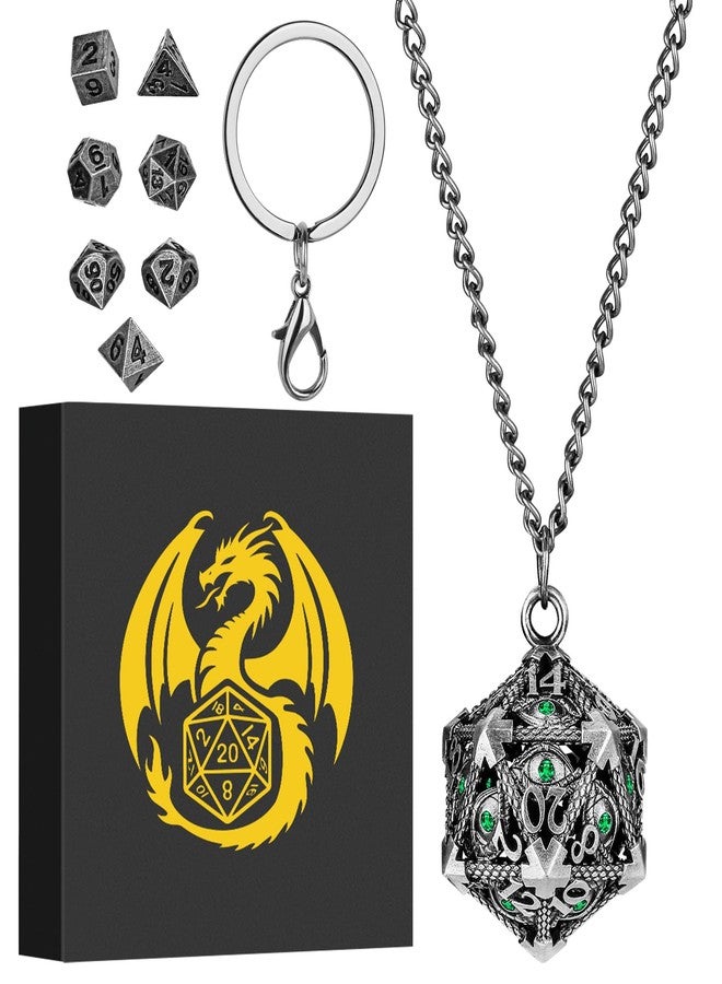 Keller & Weber Mini DND Dice Set with Hollow D20 Metal Case Portable Keychain Necklace, Tiny 7pcs Polyhedral D&D Dice Set, DND Gifts with Gift Box, D&D Accessories for RPG（Green Diamond, Silver） - Image 1
