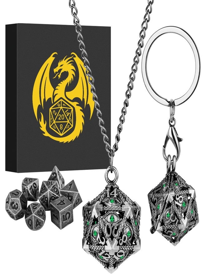 Keller & Weber Mini DND Dice Set with Hollow D20 Metal Case Portable Keychain Necklace, Tiny 7pcs Polyhedral D&D Dice Set, DND Gifts with Gift Box, D&D Accessories for RPG（Green Diamond, Silver） - Image 2
