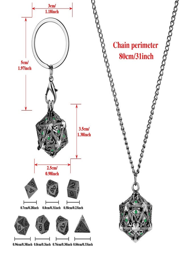 Keller & Weber Mini DND Dice Set with Hollow D20 Metal Case Portable Keychain Necklace, Tiny 7pcs Polyhedral D&D Dice Set, DND Gifts with Gift Box, D&D Accessories for RPG（Green Diamond, Silver） - Image 5