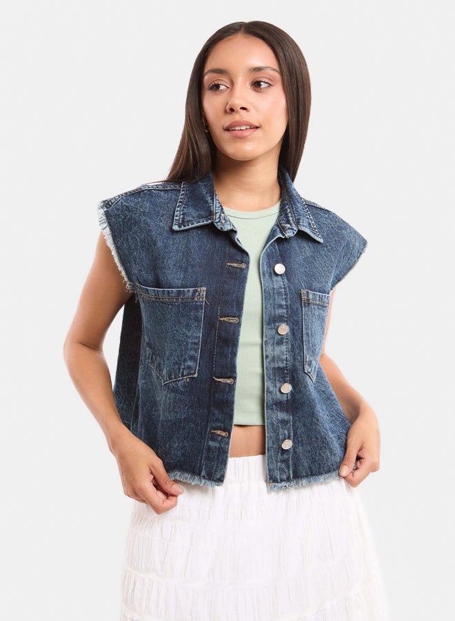 Premoda Women's Cropped Denim Vest Blue  - Image 1