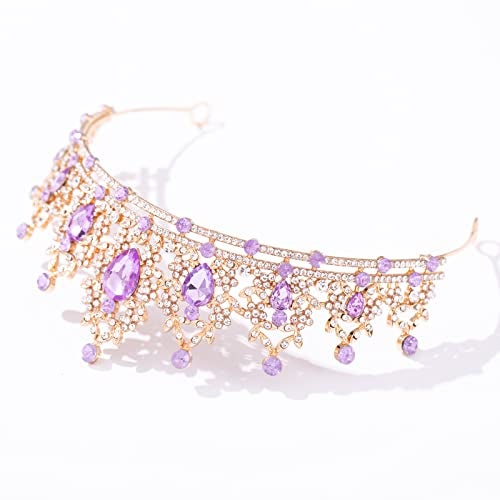 FORSEVEN Crystal Tiaras for Women, Wedding Tiaras and Crowns for Women Tiara for Girls Birthday Party Princess Crown Hair Accessories Bride Rhinestone Headbands (Gold+Light Purple) - Image 4