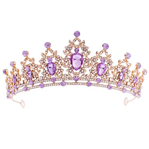 FORSEVEN Crystal Tiaras for Women, Wedding Tiaras and Crowns for Women Tiara for Girls Birthday Party Princess Crown Hair Accessories Bride Rhinestone Headbands (Gold+Light Purple) - Image 1