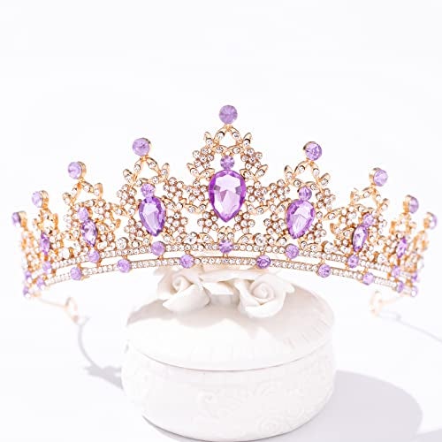 FORSEVEN Crystal Tiaras for Women, Wedding Tiaras and Crowns for Women Tiara for Girls Birthday Party Princess Crown Hair Accessories Bride Rhinestone Headbands (Gold+Light Purple) - Image 2