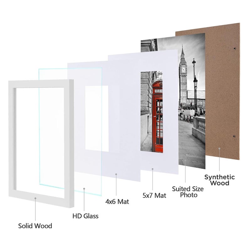 eletecpro 8x10 Picture Frame 4 Pack Made of Solid Wood and Strong Real Glass, Display 4x6 and 5x7 Photos with Mat or 8x10 without Mat, Home Decor for Wall and Tabletop, Gallery Gift Set, White - Image 2