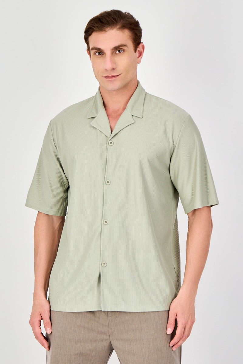 Core Elements Men Regular Fit Short Sleeve Textured Casual Shirt, Moss Grey - Image 1