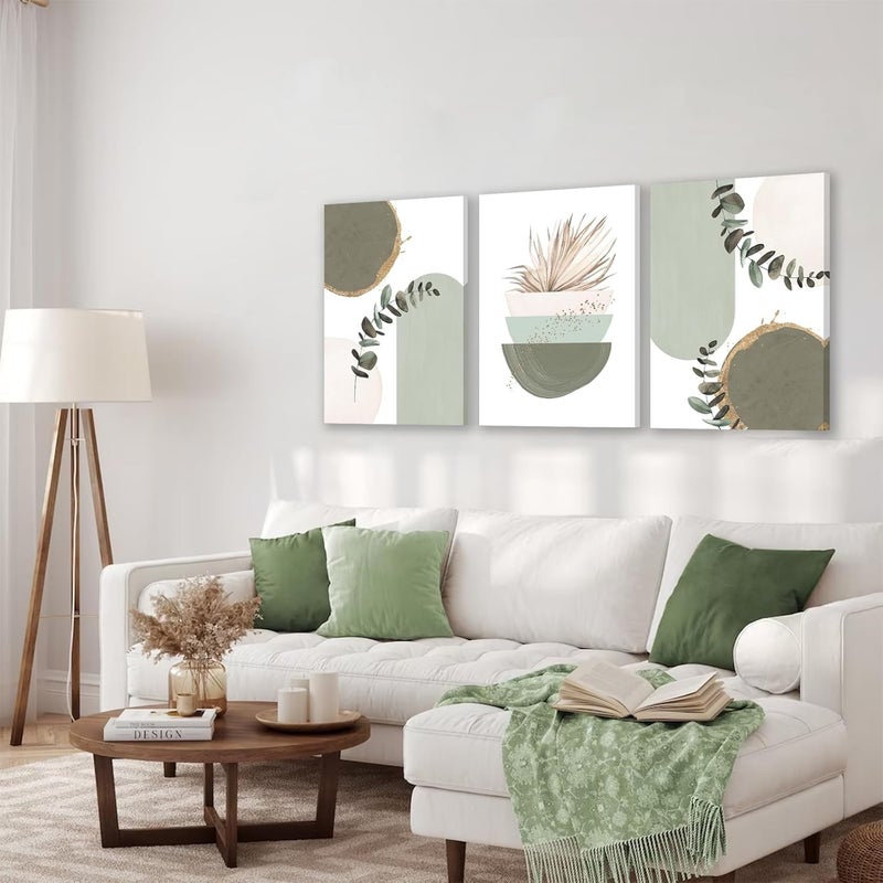 KBKBART Sage Green Boho Wall Art, KBKBART Modern Nordic Green Wall Decor, Minimalist Watercolor Leaf Framed Canvas Print Paintings, Abstract Sage Green Boho Room Decor for Living Room Bedroom Bathroom Office - Image 2