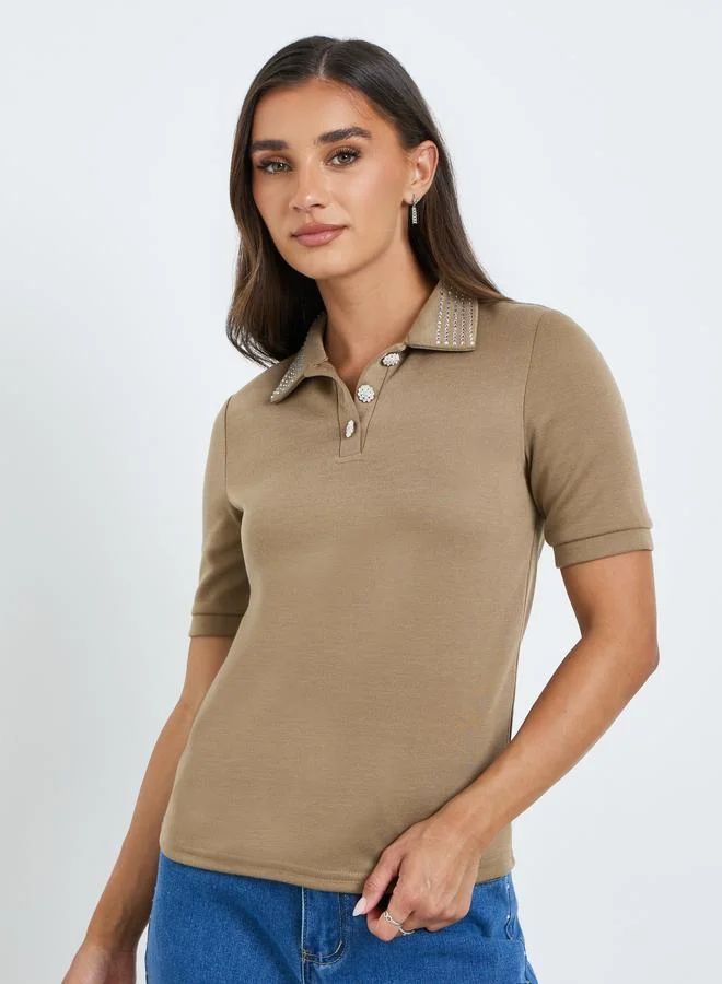 Styli Beige Embellished Collar Polo T-Shirt
