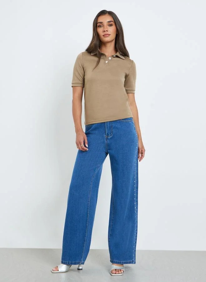 Styli Beige Embellished Collar Polo T-Shirt