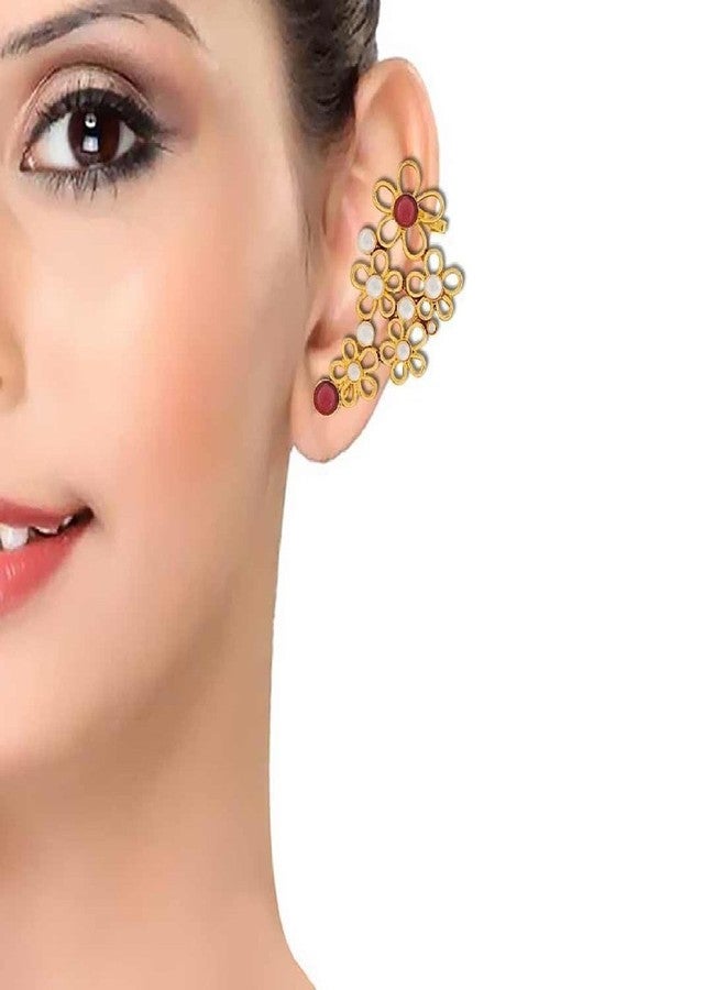 أقراط زيفوم® مطلية بالذهب، مرصعة باللؤلؤ الأبيض والأحمر بتصميم زخرفي للنساء - Image 3