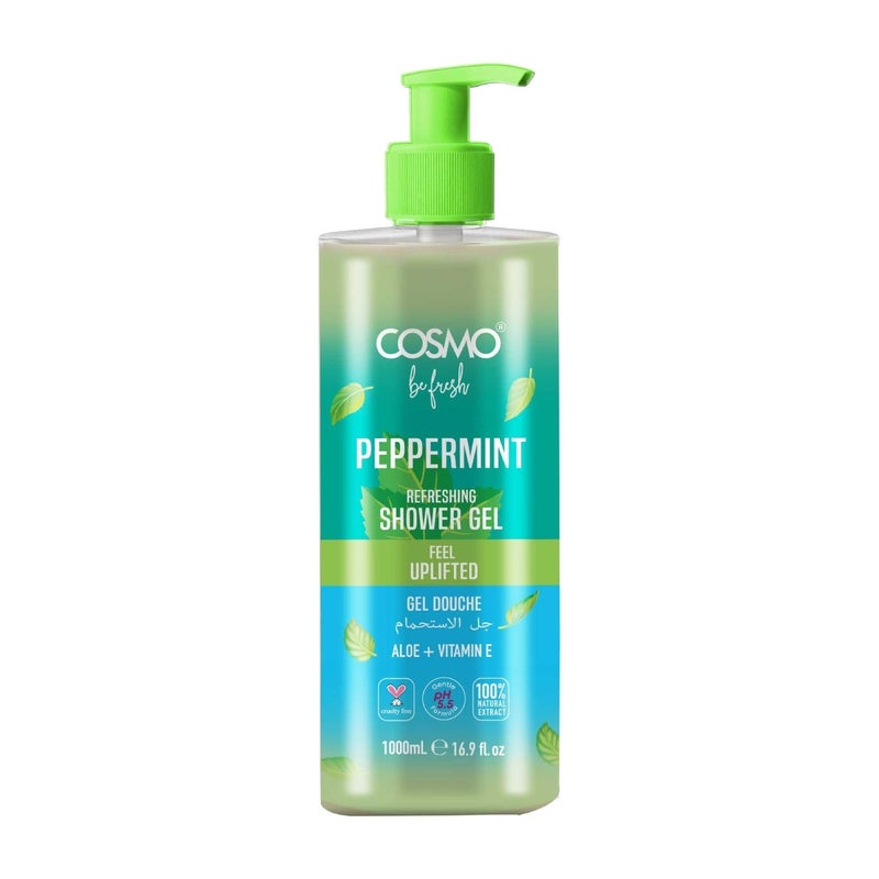 Cosmo Be Fresh Peppermint Refreshing Shower Gel with Aloe & Vitamin E 1000ml, Feel Uplifted Gel Douche, Cooling & Hydrating Body Wash for Men & Women, Daily Cleanser For Soft & Energized Skin Care - Image 1