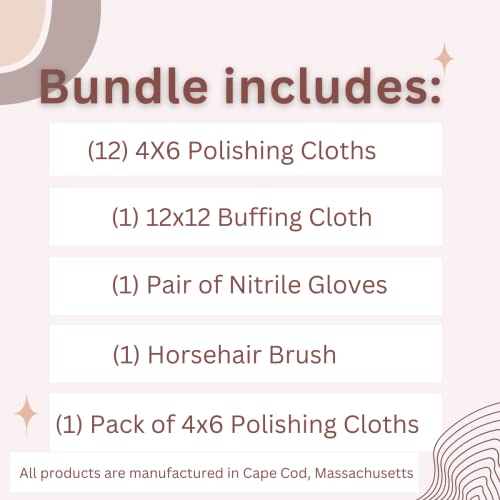 Cape Cod Metal Polishing Variety Bundle for Fine Metals | (6) 4X6 Polishing Cloths | (12) 12x12 Buffing Cloth | (1) Pair of Nitrile Gloves | (1) Horsehair Detail Brush | (1) Foil Pack of 2 - Image 2