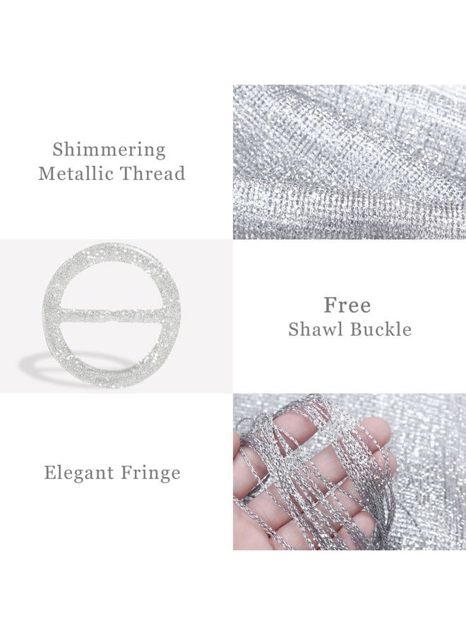 vimate Sparkling Metallic Shawls and Wraps for Evening Party/Wedding/Formal Dresses (With Free Buckle), A#. Silver (With Silver Buckle), 74.8" x 17" - Image 2