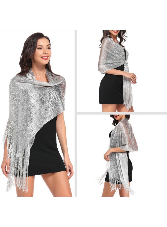 vimate Sparkling Metallic Shawls and Wraps for Evening Party/Wedding/Formal Dresses (With Free Buckle), A#. Silver (With Silver Buckle), 74.8" x 17" - Image 4
