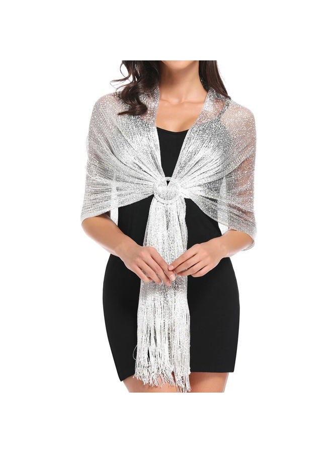 vimate Sparkling Metallic Shawls and Wraps for Evening Party/Wedding/Formal Dresses (With Free Buckle), A#. Silver (With Silver Buckle), 74.8" x 17" - Image 1