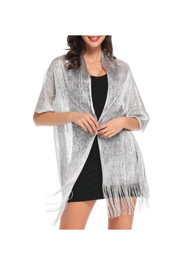 vimate Sparkling Metallic Shawls and Wraps for Evening Party/Wedding/Formal Dresses (With Free Buckle), A#. Silver (With Silver Buckle), 74.8" x 17" - Image 3