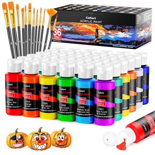 Caliart Acrylic Paint Set with 12 Brushes, 36 Colors (59ml, 2oz) Art Craft Paints Gifts for Artists Adults Beginners Painters, Halloween Pumpkin Canvas Ceramic Wood Rock Painting Kit Art Supplies - Image 1