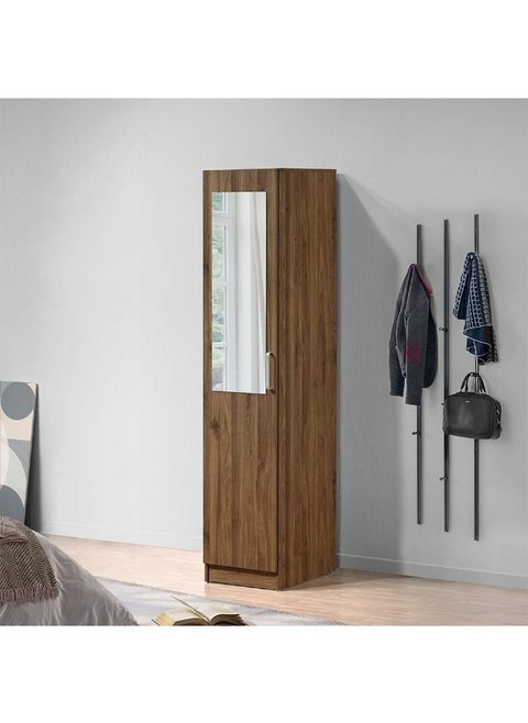 Supreme 1-Door Wardrobe with Mirror – Light Walnut Finish – Modern Single Door Wardrobe with Mirror – Compact Bedroom Storage Cabinet – Stylish Home Furniture