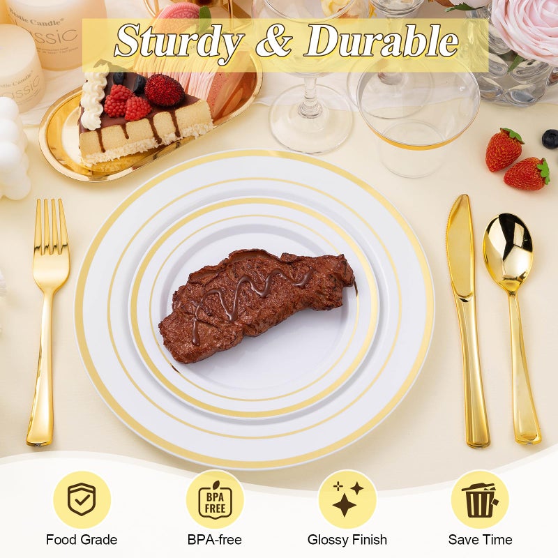 BESTSTAR 200PCS Gold Plastic Plates Set, 100 10.25 inch Dinner Plate and 100 7.5 inch Dessert Plates, Premium Disposable Plates for Party, Wedding - Image 4