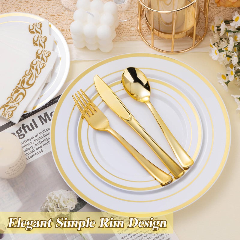 BESTSTAR 200PCS Gold Plastic Plates Set, 100 10.25 inch Dinner Plate and 100 7.5 inch Dessert Plates, Premium Disposable Plates for Party, Wedding - Image 5