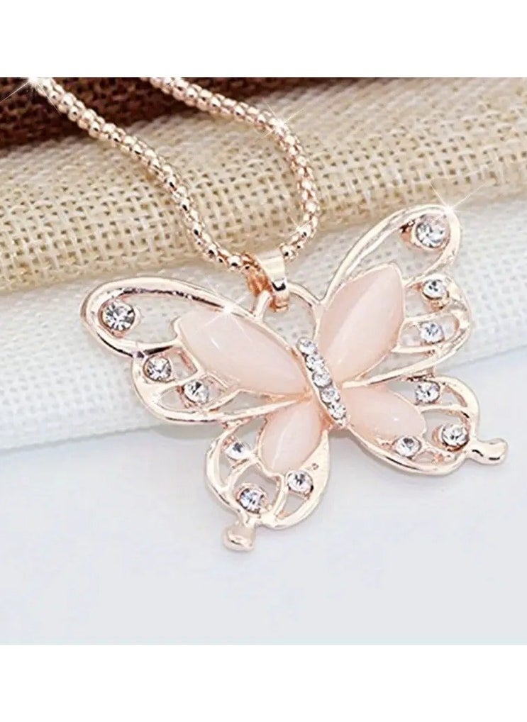 Home Clearance Sale - 1Pc Vintage Boho Style Rose Golden Alloy Butterfly Pendant Necklace with Rhinestone Accents for Women - All Season Elegant Jewelry for Daily and Party Wear - Image 1