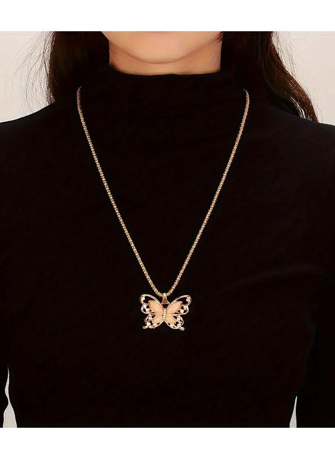 Home Clearance Sale - 1Pc Vintage Boho Style Rose Golden Alloy Butterfly Pendant Necklace with Rhinestone Accents for Women - All Season Elegant Jewelry for Daily and Party Wear - Image 1