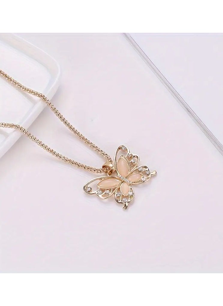 Home Clearance Sale - 1Pc Vintage Boho Style Rose Golden Alloy Butterfly Pendant Necklace with Rhinestone Accents for Women - All Season Elegant Jewelry for Daily and Party Wear - Image 1