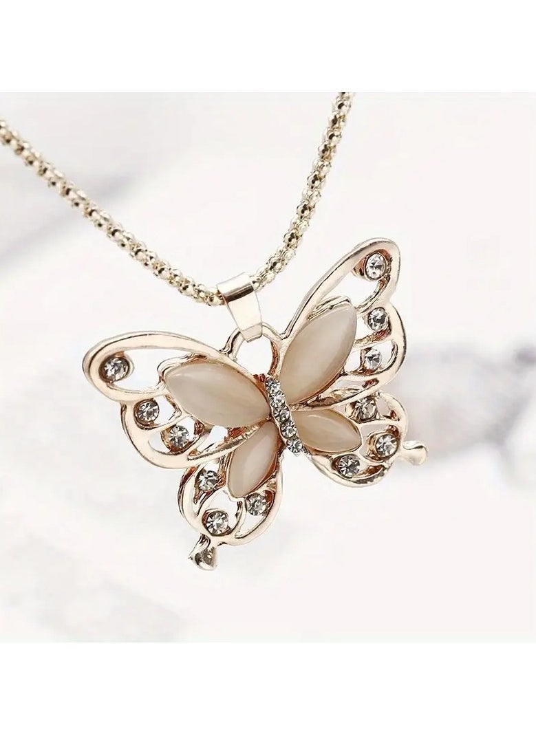Home Clearance Sale - 1Pc Vintage Boho Style Rose Golden Alloy Butterfly Pendant Necklace with Rhinestone Accents for Women - All Season Elegant Jewelry for Daily and Party Wear - Image 1